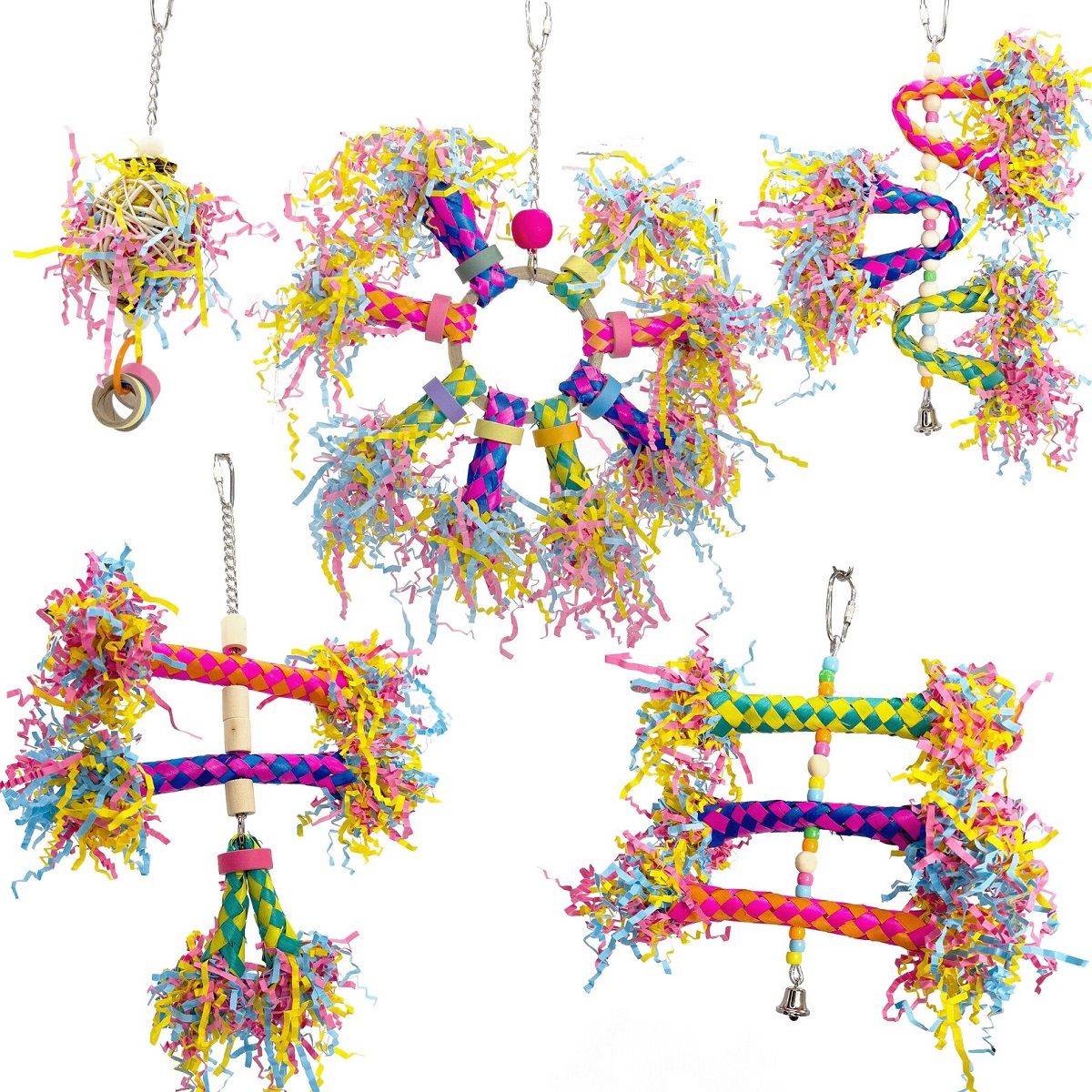 Product image of a variety of parrot chew toys consisting of colorful crinkle paper and cardboard. 