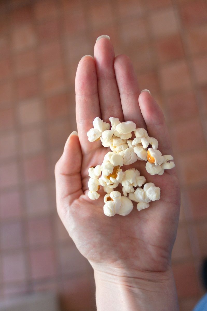Popcorn in someone's hand.