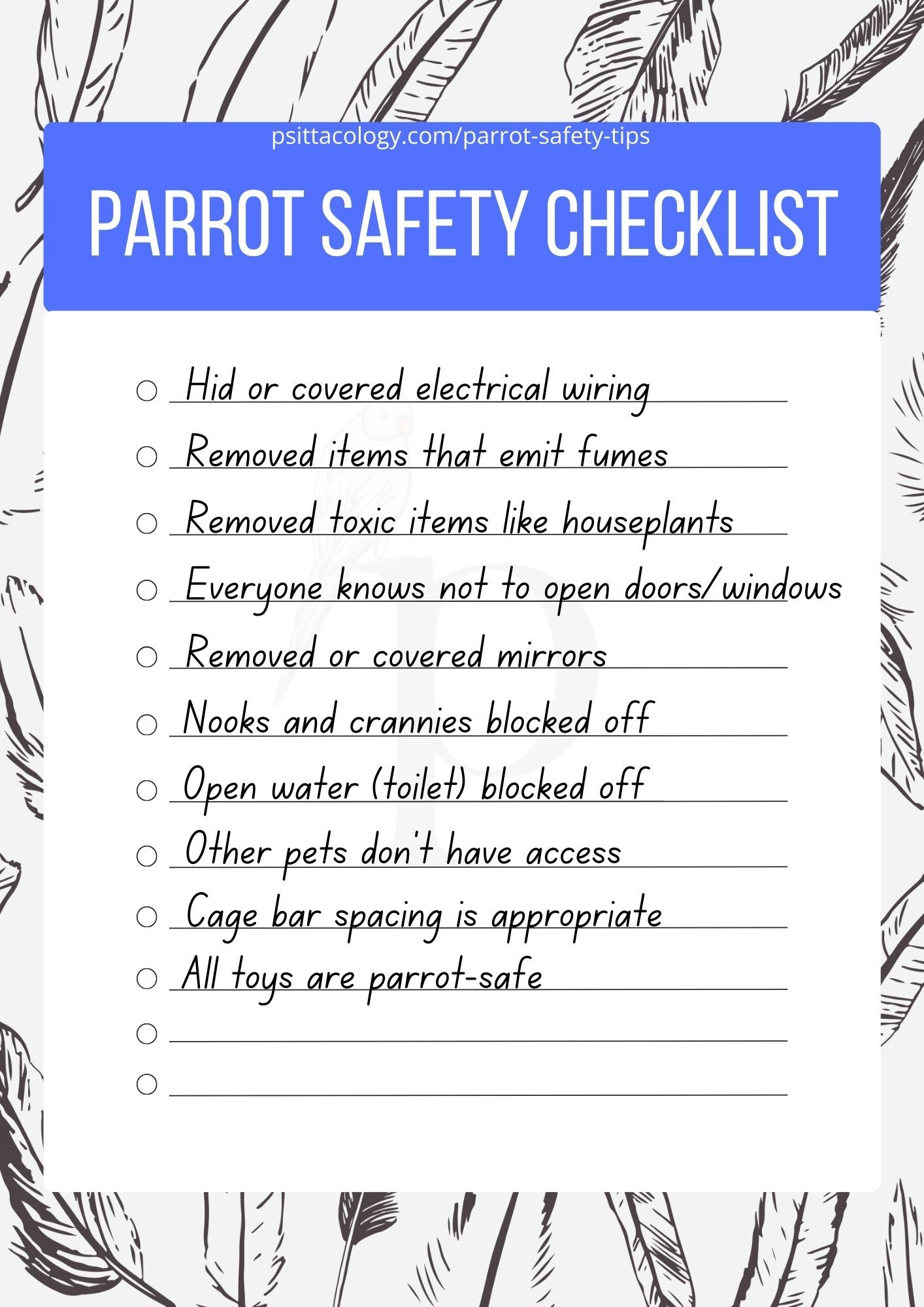 Parrot safety checklist with bird safety tips for new parrot owners to tick off. 